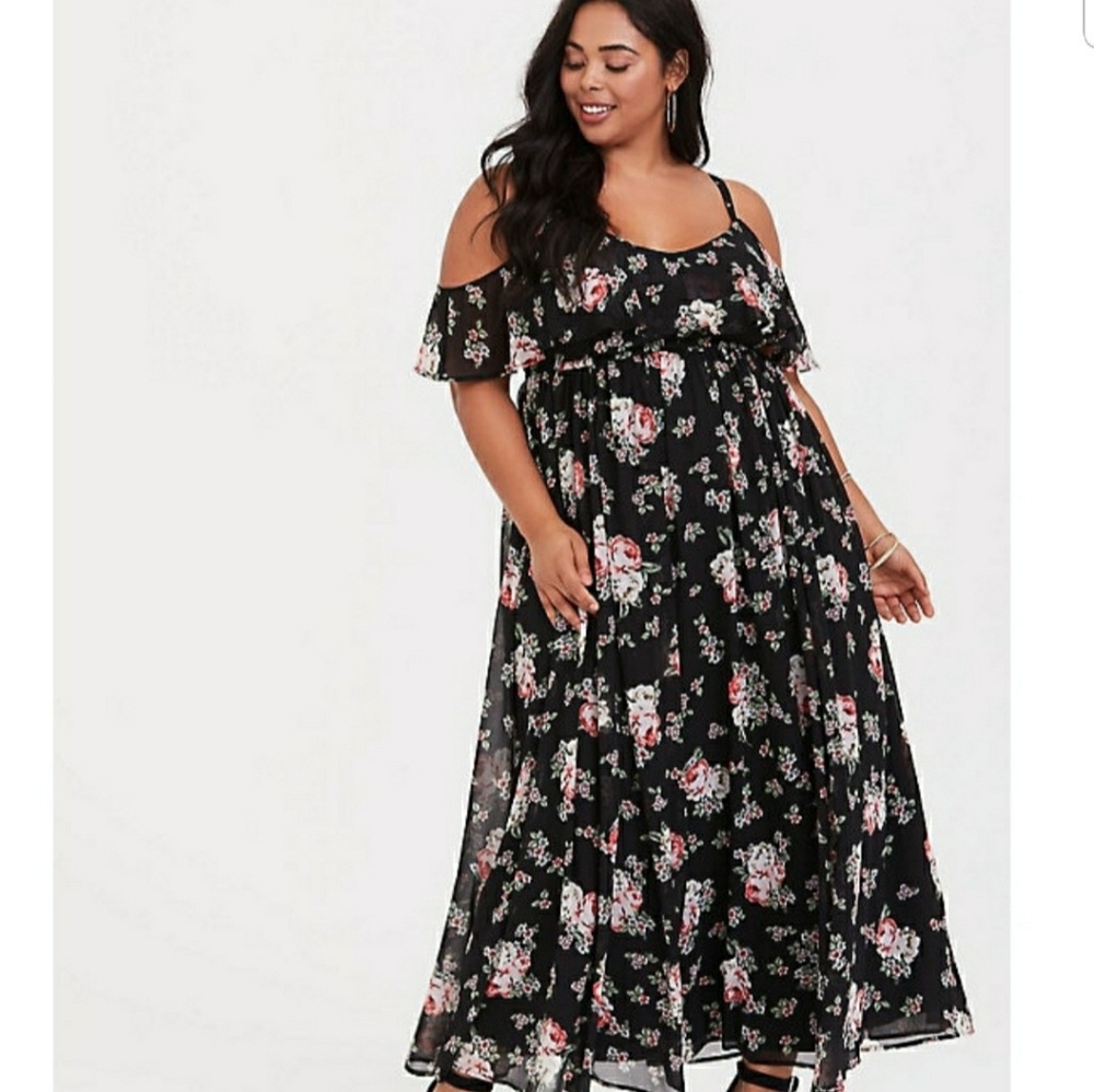 Black floral cold shoulder chiffon maxi dress